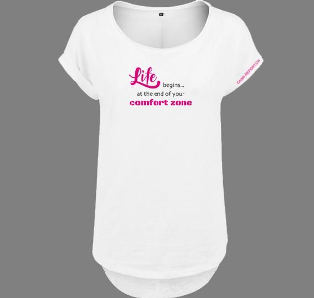 Damen-Shirt, weiss, «Life begins...», neonpink/schwarz