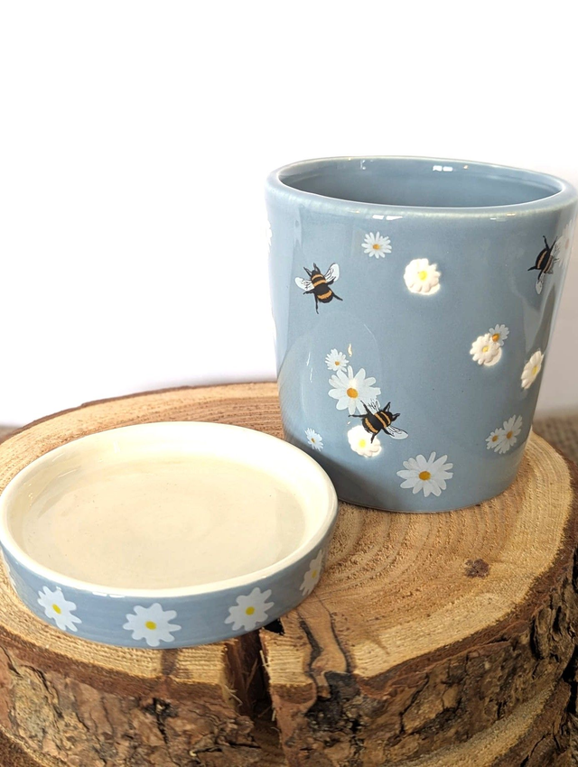 Blue Floral Bee Planter and Tray