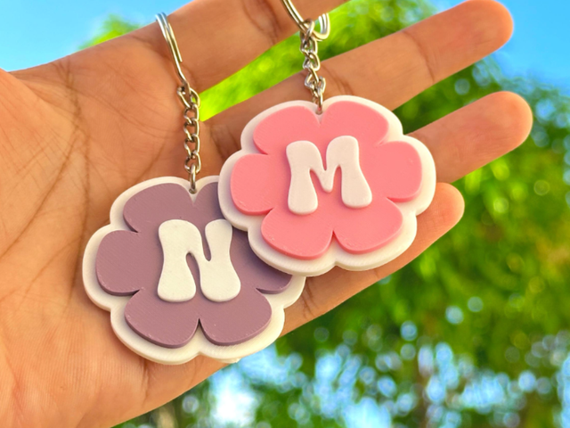 Cute Pink Flower Initial 3D Printed Keychains
