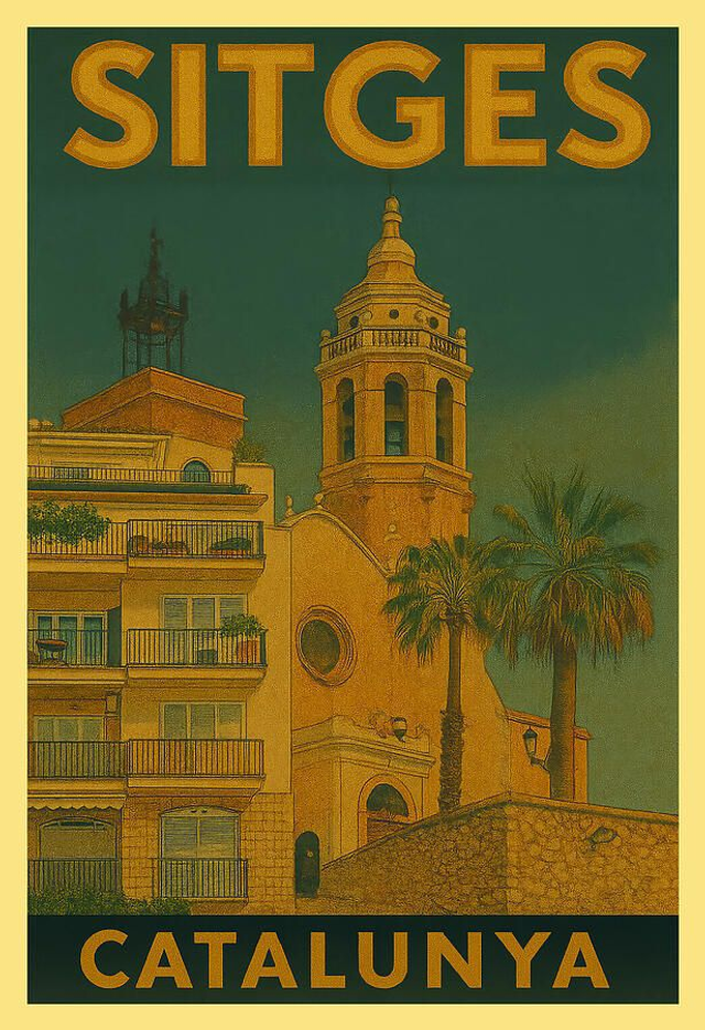 Puesta de sol sobre la catedral de Sitges Esglesia de Sant Bartomeu i Santa Tecla Sitges Póster