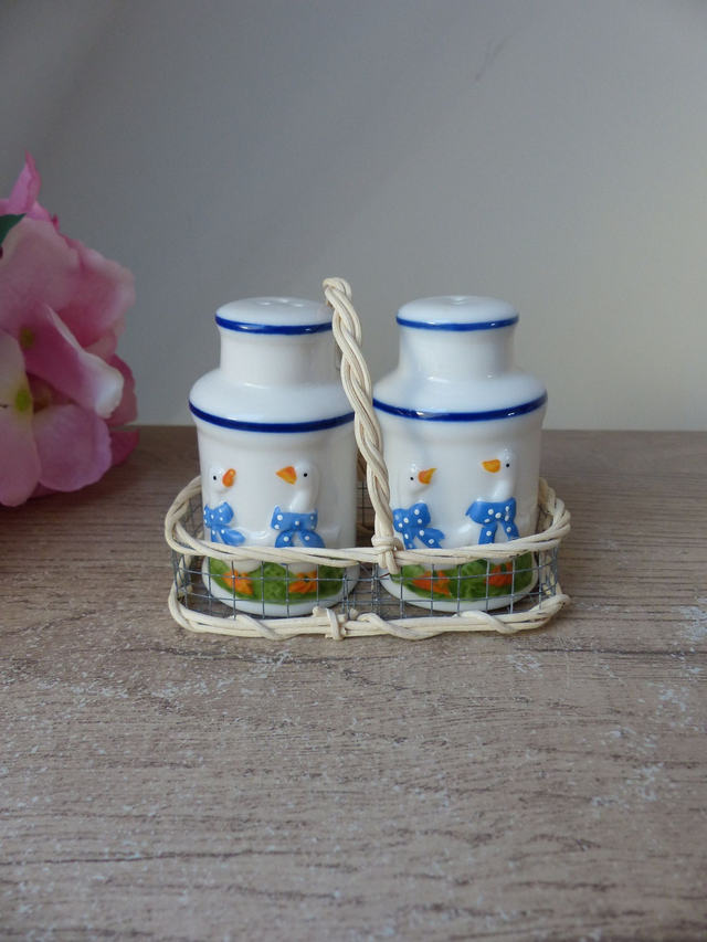 Duo salière et poivrière vintage – motif oies avec écharpes colorées, panier métal et osier – décoration cuisine  style maison de campagne