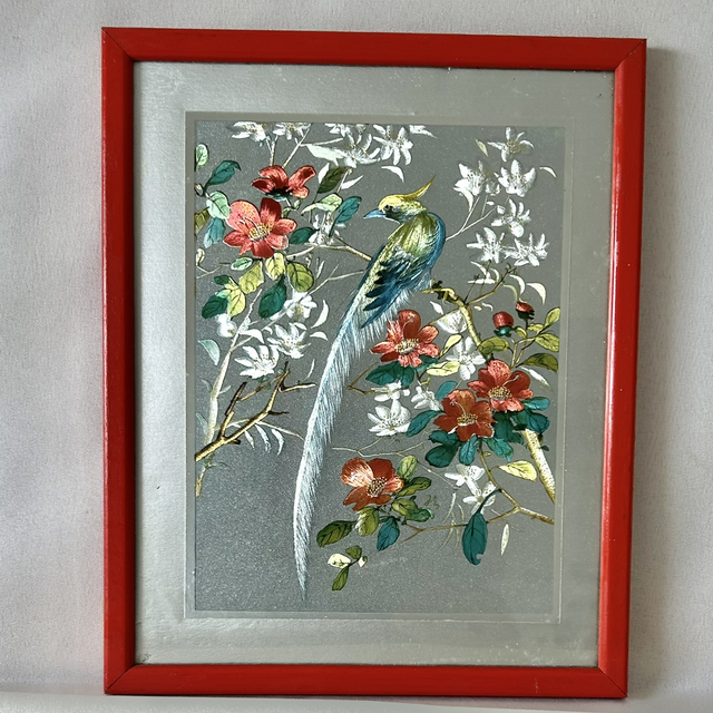 The 'Chinoiserie Bird' Vintage 1970s Chinese Foil Art – Shimmering Bird of Paradise Metallic Picture
