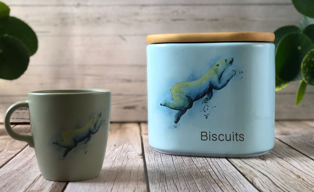 Blue and green polar bear and northern lights upcycled ceramics