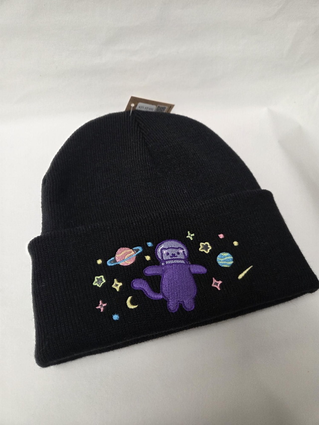 Unisex Space Cat Embroidered Black Beanie Hat - ST-031
