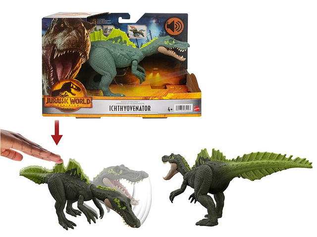 Jurassic World Figurine Dinosaure articulée Ichthyovenator, Attaque Rugissante, sons et mouvements, avec code ADN scannable
