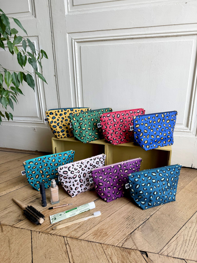 Trousse de toilette - tissu intérieur imperméable - LEOPARD bleu petrole