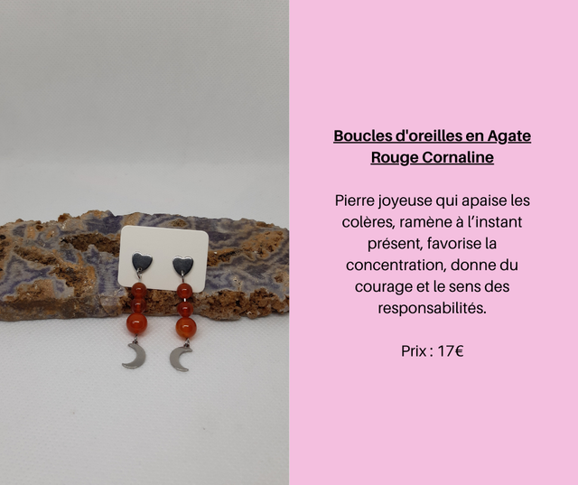 105- Boucles d'Oreilles en Agate Rouge Cornaline