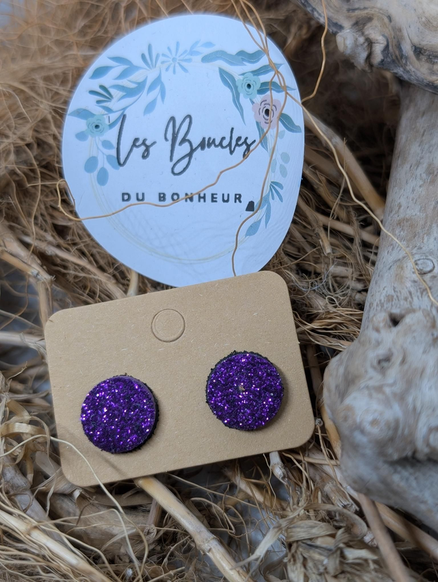 Boucles d&#039;oreilles puces violet paillettes pu068