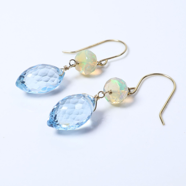 Pair of 18K 18Ct 750 Solid Yellow Gold Faceted Welo Ethiopian Opal Briolette Cut Blue Topaz Gemstone Elegant Dainty Modern Hook Earrings