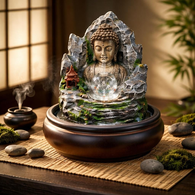 "Bouddha village" - Fontaine en résine 21 cm