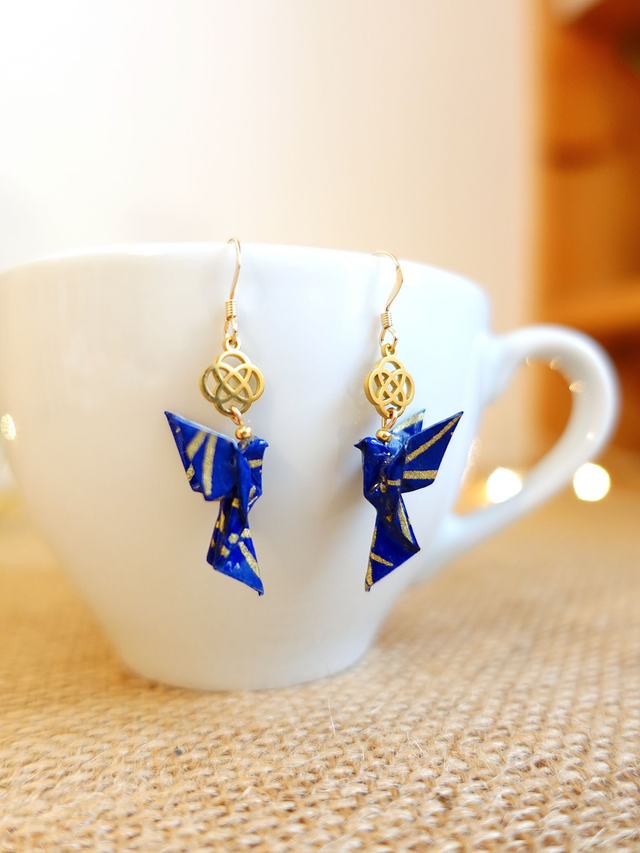 Origami Colombe, oiseau / GOLD FILLED, Or laminé / Boucles d'oreilles / Papier japonais washi / Bleu, or / Bijou japonais origami /