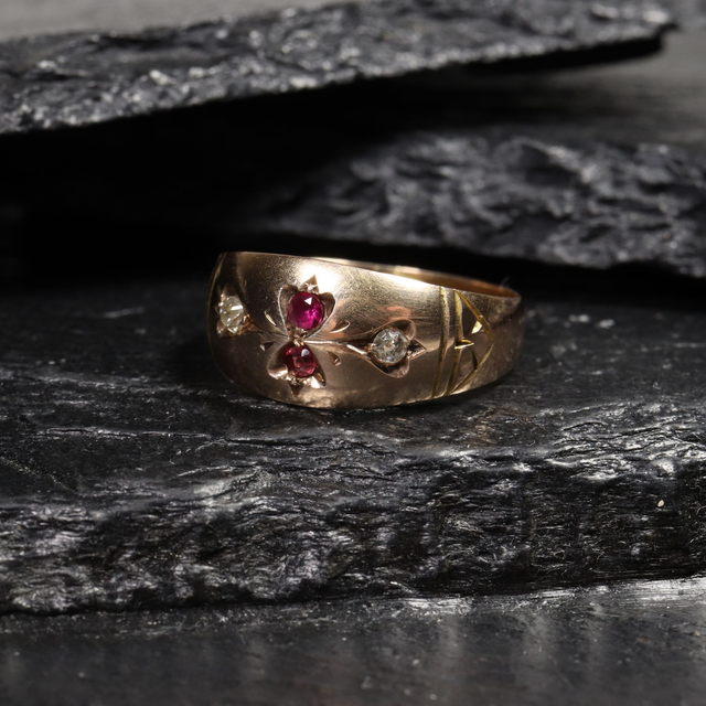 Edwardian Art Nouveau 9K 9Ct 375 Solid Rose Gold Vivid Red Ruby And Old Cut Diamond Natural Gemstone Hand Craved Ring Band Size M - 6