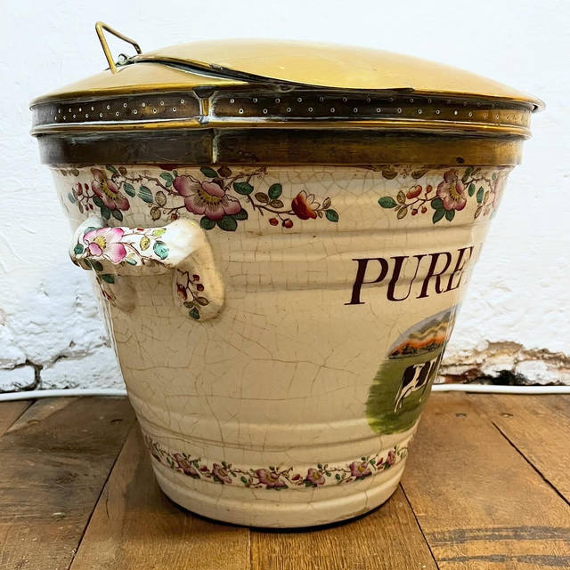 A Late Victorian Dairy Ironstone Milk Pail And Original Patented Brass Cover by The Dairy Outfit Company Ltd of King’s Cross, London