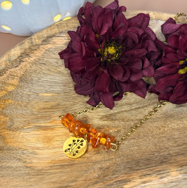 Collier en ambre et acier inoxydable doré