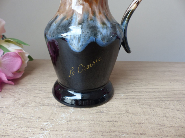 Ancien pichet à vin carafe grès flammé marron et bleu, Souvenir Bretagne France, Le Croisic, Cadeau Ami Famille Décoration Intérieur Table