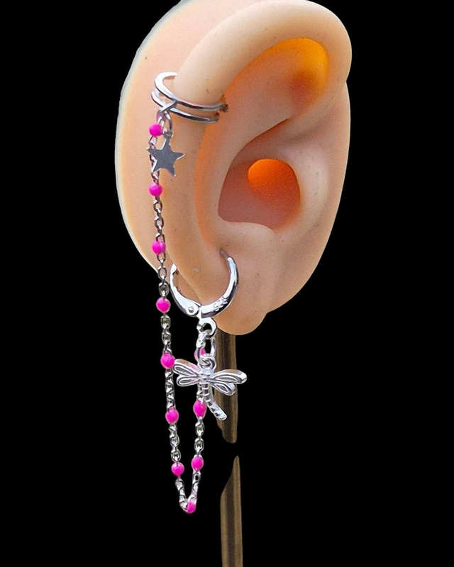 Sterling silver Tassel Earring with Ear Cuff, dragonfly and star charms