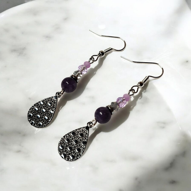 Boucles d'oreilles lavande noir acier inoxydable