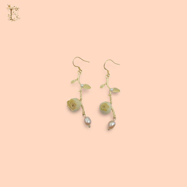 Small Rosebud and Freshwater Peal Drop Hoop Earrings