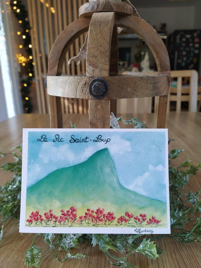 Carte "Pic Saint Loup et coquelicots" version 2, 10x15cm