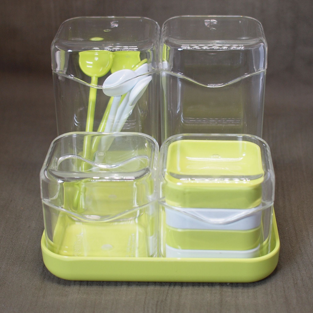 Rosti Mepal | 5 Delige ‘T-Time’ theeset met lepeltjes en serveerblad (lengte 15 | breedte 15 | hoogte 17 cm) Transparant en Lime | Vintage