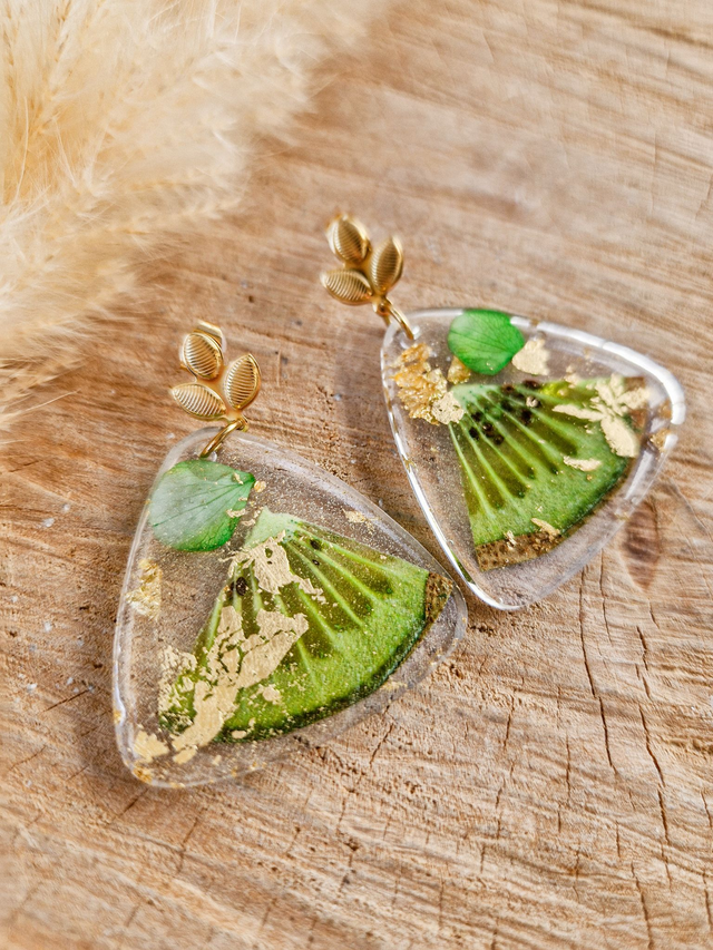Boucles d'oreilles triangles "Fruits en folie" - Modèle kiwi / Modèle unique