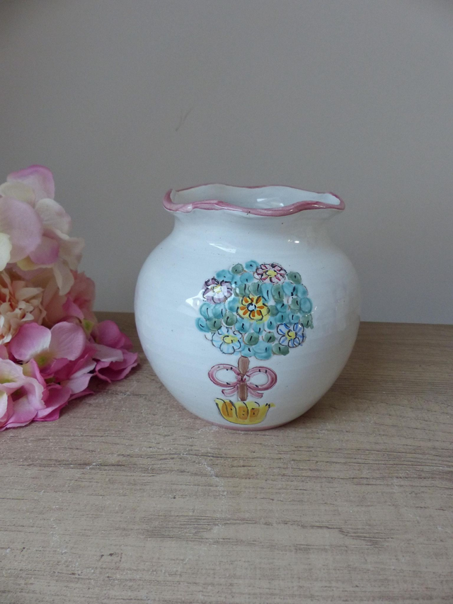 Vase forme boule l&#039;Antica Deruta peint à la main Italie, Vase Poterie Deruta Décor Arbre avec Fleurs et Ruban, Pot Fleurs Décoration Maison