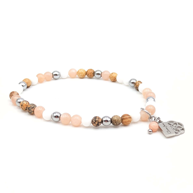 Bracelet Clara Joia Pierre de Soleil Jaspe Paysage Coquillage Acier Argenté Fleur de Vie