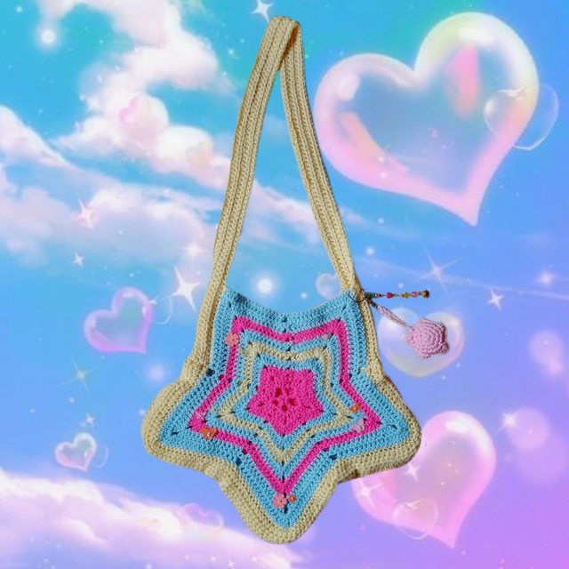 Blue Tamagotchi crochet star bag