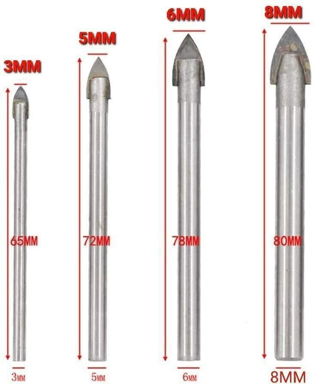 4 Pc Drill Bits Set for Glass, Mirrors & Ceramic Tiles Carbide Tipped 3-8 mm