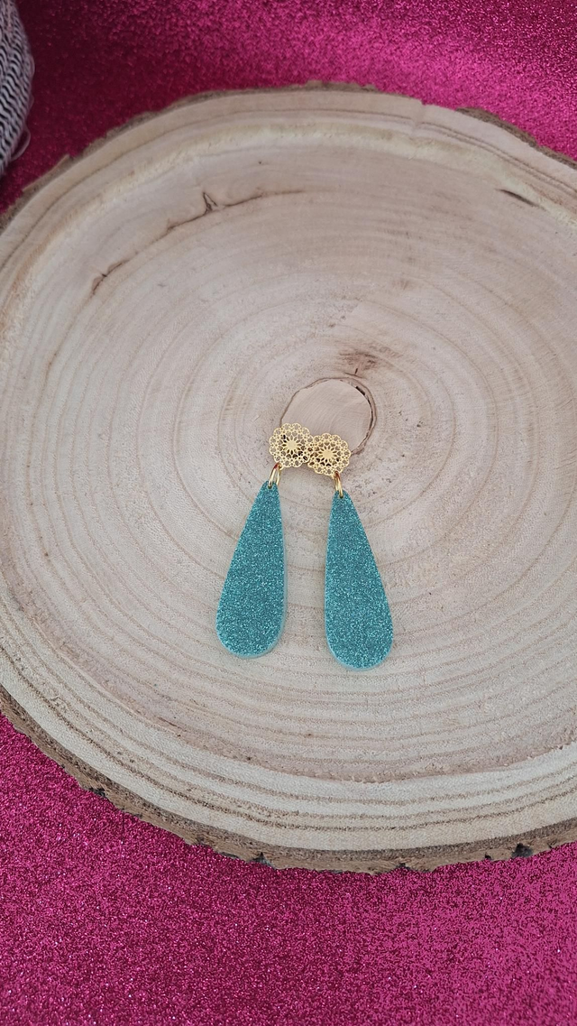 Boucles d&#039;oreilles rosaces gouttes paillettes turquoises 