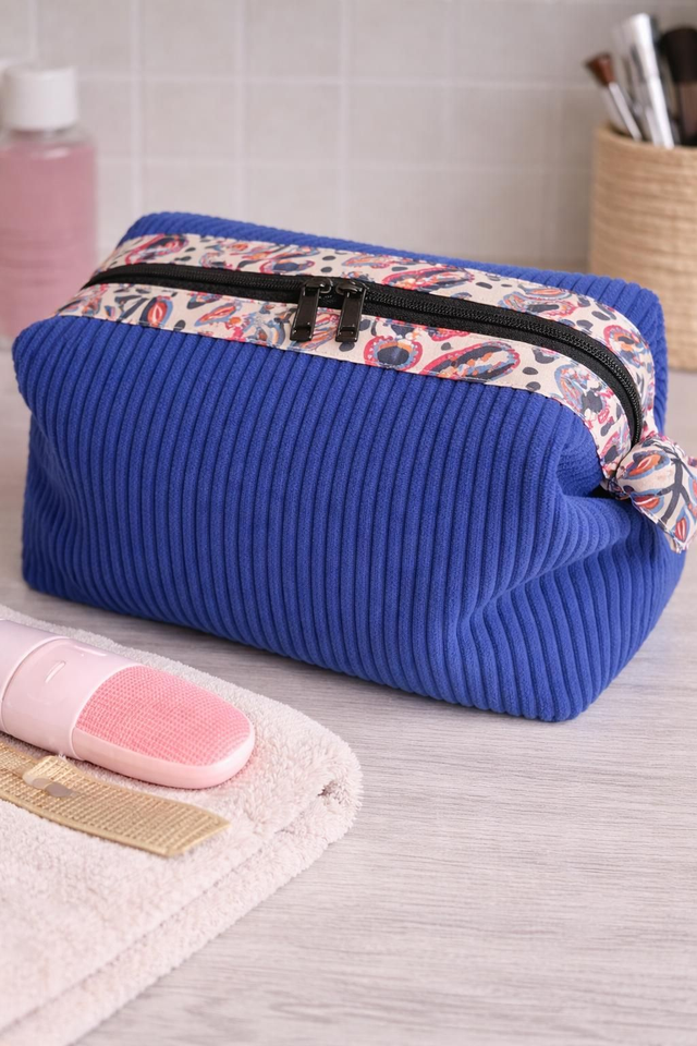 Trousse de toilette velours côtelé bleu 