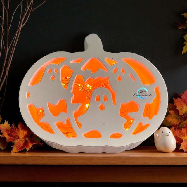 Lichtkürbis, verschiedene Motive, Häuser, Eule, Geister / Fledermäuse, Farbe cremeweiß