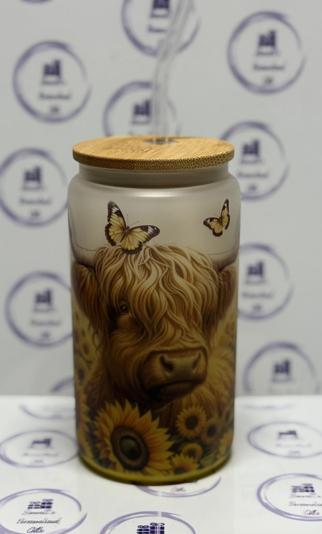 highland cow 16oz glass can with bamboo lid and glass straw