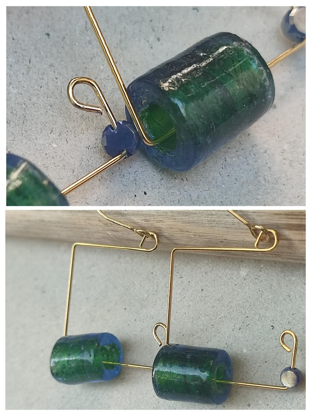 Boucles d'oreilles carrées, verre bleu/vert, acier inoxydable doré -sans nickel, pièce unique 