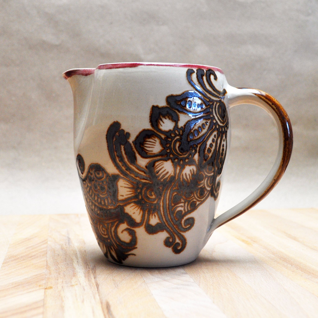 Ceramic Stoneware Pitcher Henna Pottery Wine Jug, water/milk/juice, handmade
