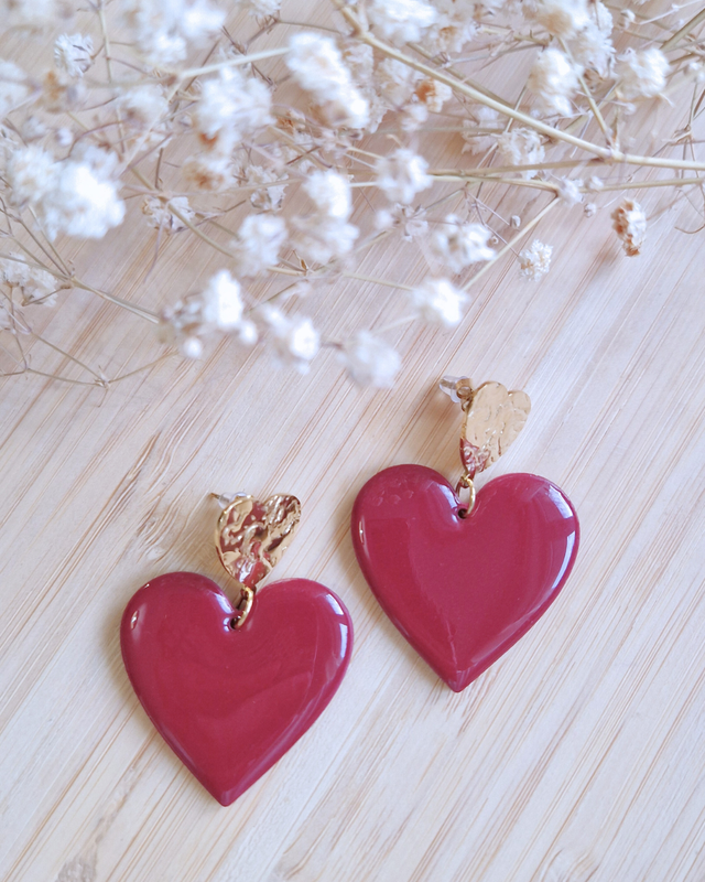 Plaisante - Collection bordeaux - Boucles d’oreilles artisanales en pâte polymère et résine
