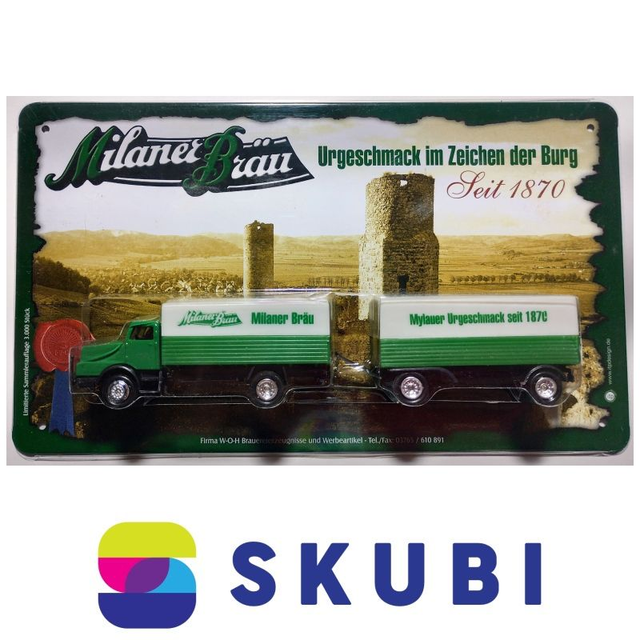 Reklamní kamion IFA H6 s vlečkou - Milaner Bräu + plechová cedule - model 1:87 H0