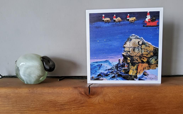 Father Christmas and his flying sheep over Wainstones, on the North York Moors. 6x6&quot; Christmas card.