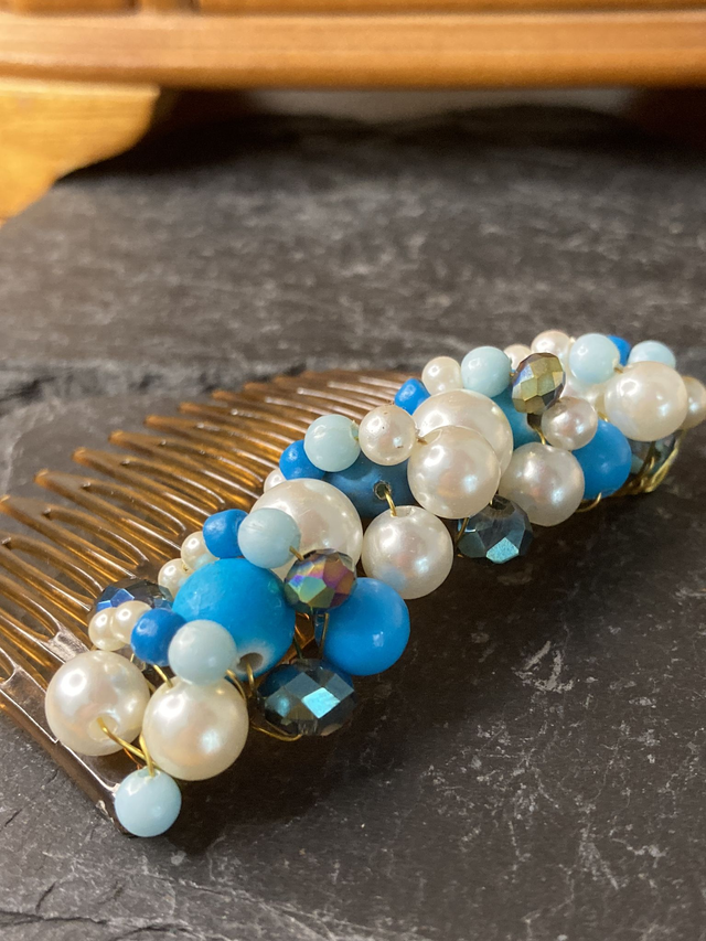 Turquoise Hair Comb Hand-wired Pearl and Bead Clusters