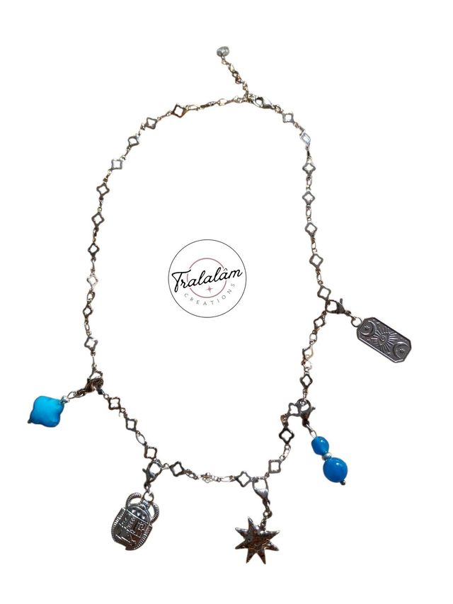✨Collier à breloques porte-bonheur "argenté bleu turquoise"✨