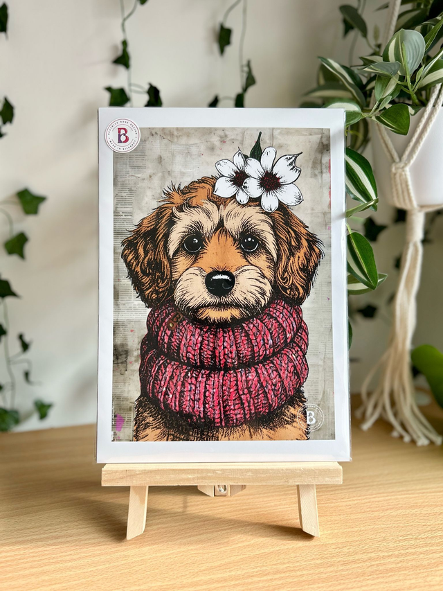 Cavalier Cross Dog In Floral Mixed Media Art Print A4