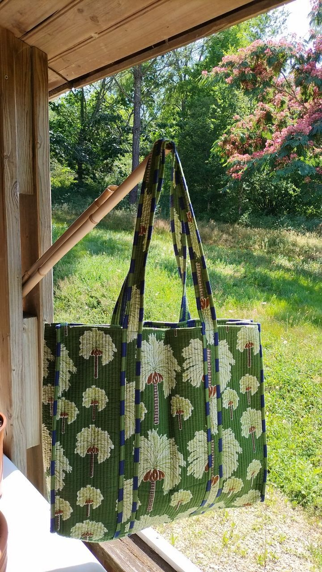 Tote Bag vert imprimé, Coton, Réversible, Grand modèle
