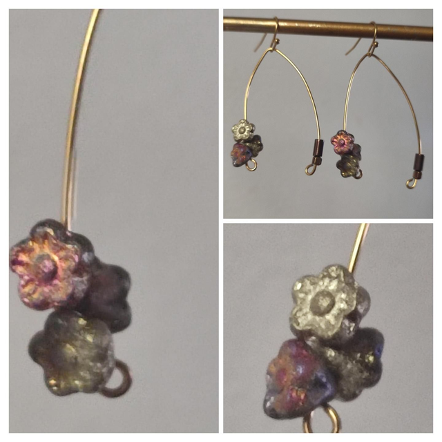 Boucles d'oreilles grappe de fleurs en verre rose et or, en acier inoxydable doré -sans nickel, pièce unique 