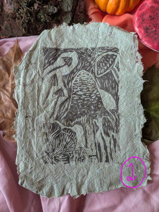 Wood cut mushrooms on handmade pond paper