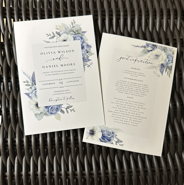 Pack of A6 evening invitations - dusty blue, sage and white florals
