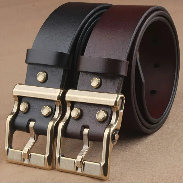 Men's Genuine Leather Belt with Brass Square Buckle