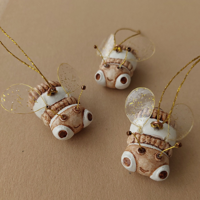 Bee Ornament - Unique Handcrafted Bee Decor - Air Dry Clay - Coffee Color - Resin Wings