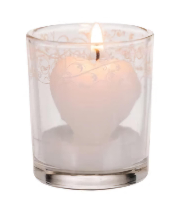 Bougie coeur dans un verre avec décoration blanche