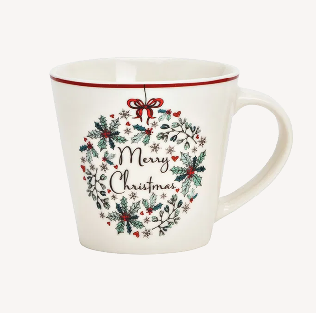 Vrolijk kerstmok met kranspatroon wit.