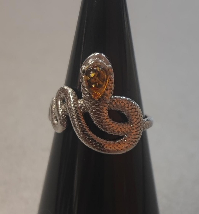 Bague &quot;Serpent&quot; en Argent et Ambre Cognac